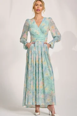 Jolie Moi Wedding Guest|Mesh Dresses-Long Sleeve V Neck Mesh Maxi Dress, Green Abstract
