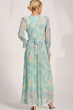 Jolie Moi Wedding Guest|Mesh Dresses-Long Sleeve V Neck Mesh Maxi Dress, Green Abstract