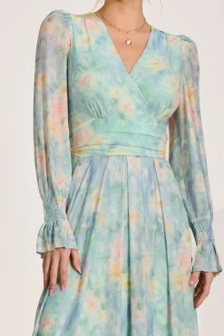 Jolie Moi Wedding Guest|Mesh Dresses-Long Sleeve V Neck Mesh Maxi Dress, Green Abstract