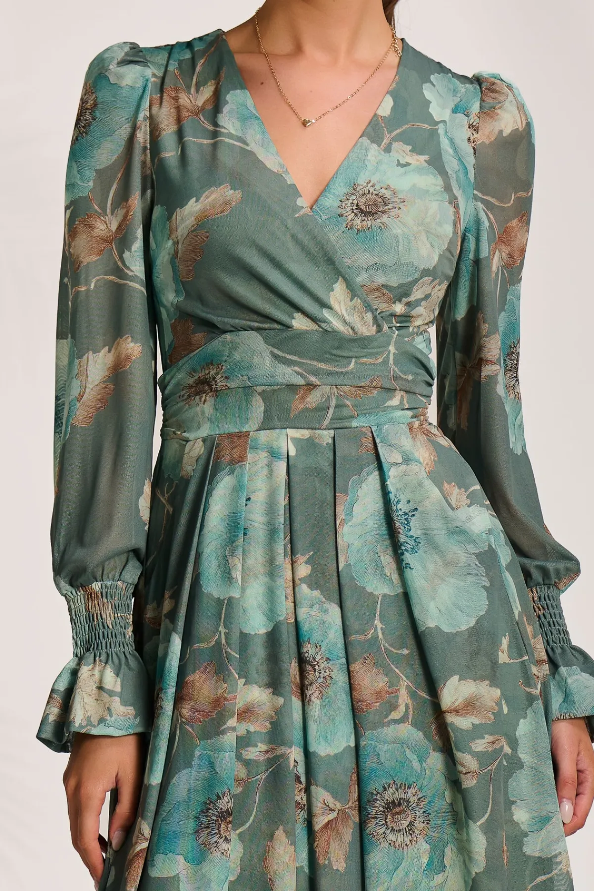 Jolie Moi Occasion Dresses|Floral Dresses-Long Sleeve V Neck Mesh Maxi Dress, Green Floral