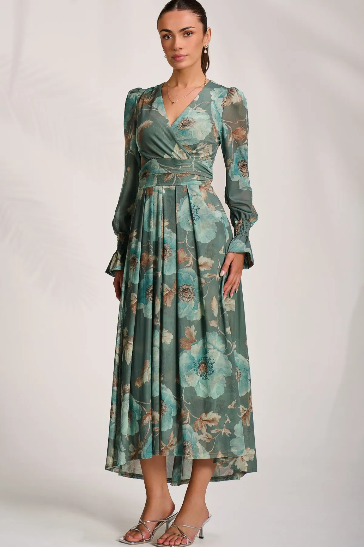 Jolie Moi Occasion Dresses|Floral Dresses-Long Sleeve V Neck Mesh Maxi Dress, Green Floral