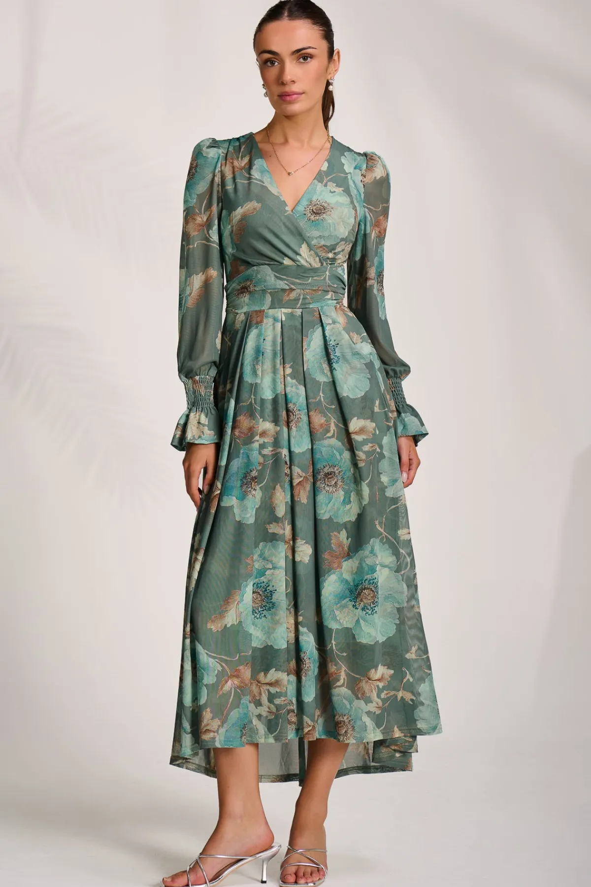 Jolie Moi Occasion Dresses|Floral Dresses-Long Sleeve V Neck Mesh Maxi Dress, Green Floral