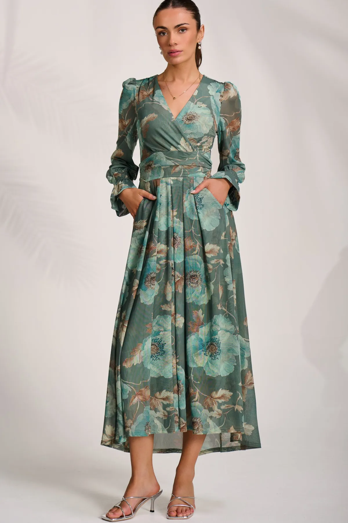 Jolie Moi Occasion Dresses|Floral Dresses-Long Sleeve V Neck Mesh Maxi Dress, Green Floral