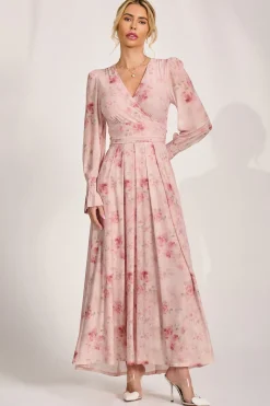 Jolie Moi Occasion Dresses|Floral Dresses-Long Sleeve V Neck Mesh Maxi Dress, Pink Floral