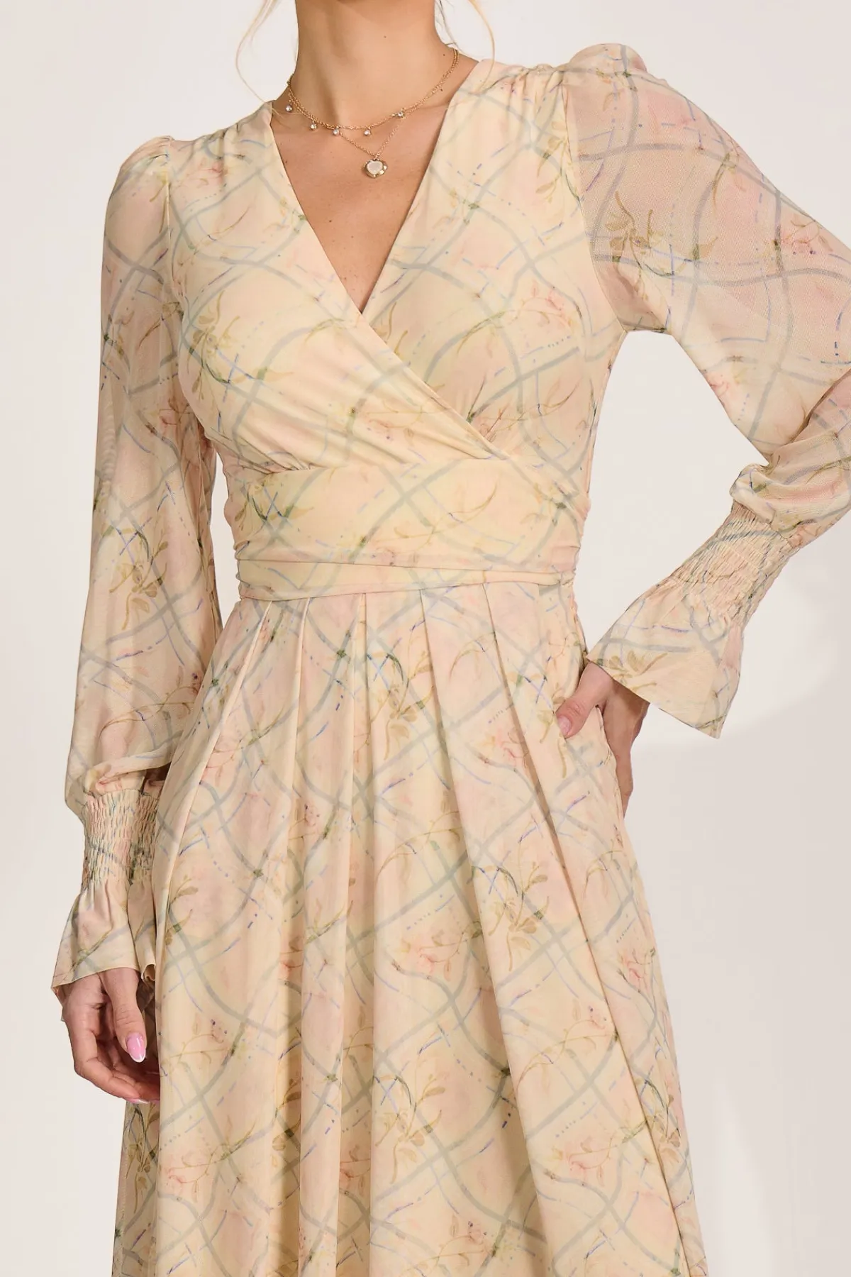 Jolie Moi Wedding Guest|Mesh Dresses-Long Sleeve V Neck Mesh Maxi Dress, Yellow Abstract