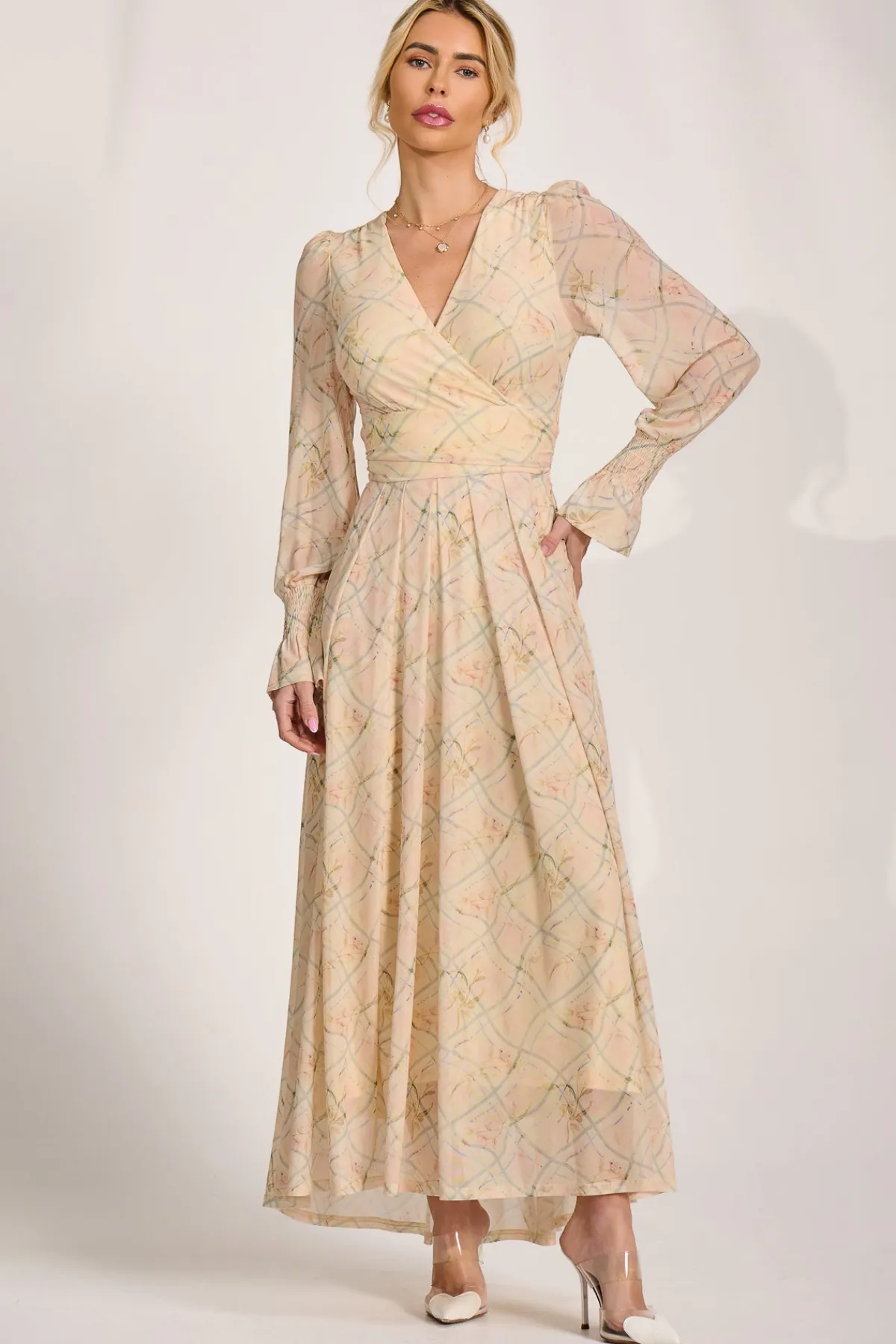 Jolie Moi Wedding Guest|Mesh Dresses-Long Sleeve V Neck Mesh Maxi Dress, Yellow Abstract