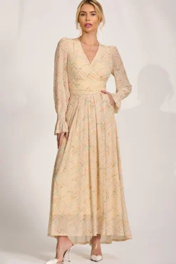 Jolie Moi Wedding Guest|Mesh Dresses-Long Sleeve V Neck Mesh Maxi Dress, Yellow Abstract