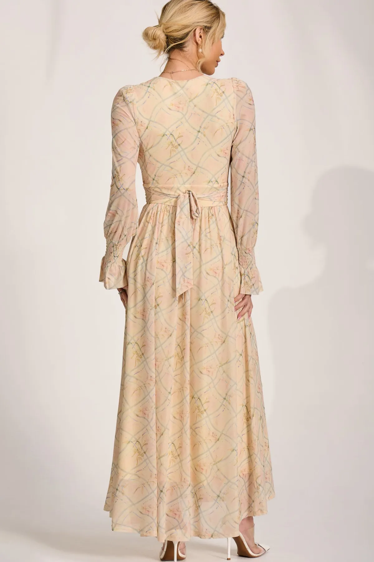 Jolie Moi Wedding Guest|Mesh Dresses-Long Sleeve V Neck Mesh Maxi Dress, Yellow Abstract