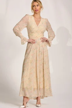 Jolie Moi Wedding Guest|Mesh Dresses-Long Sleeve V Neck Mesh Maxi Dress, Yellow Abstract