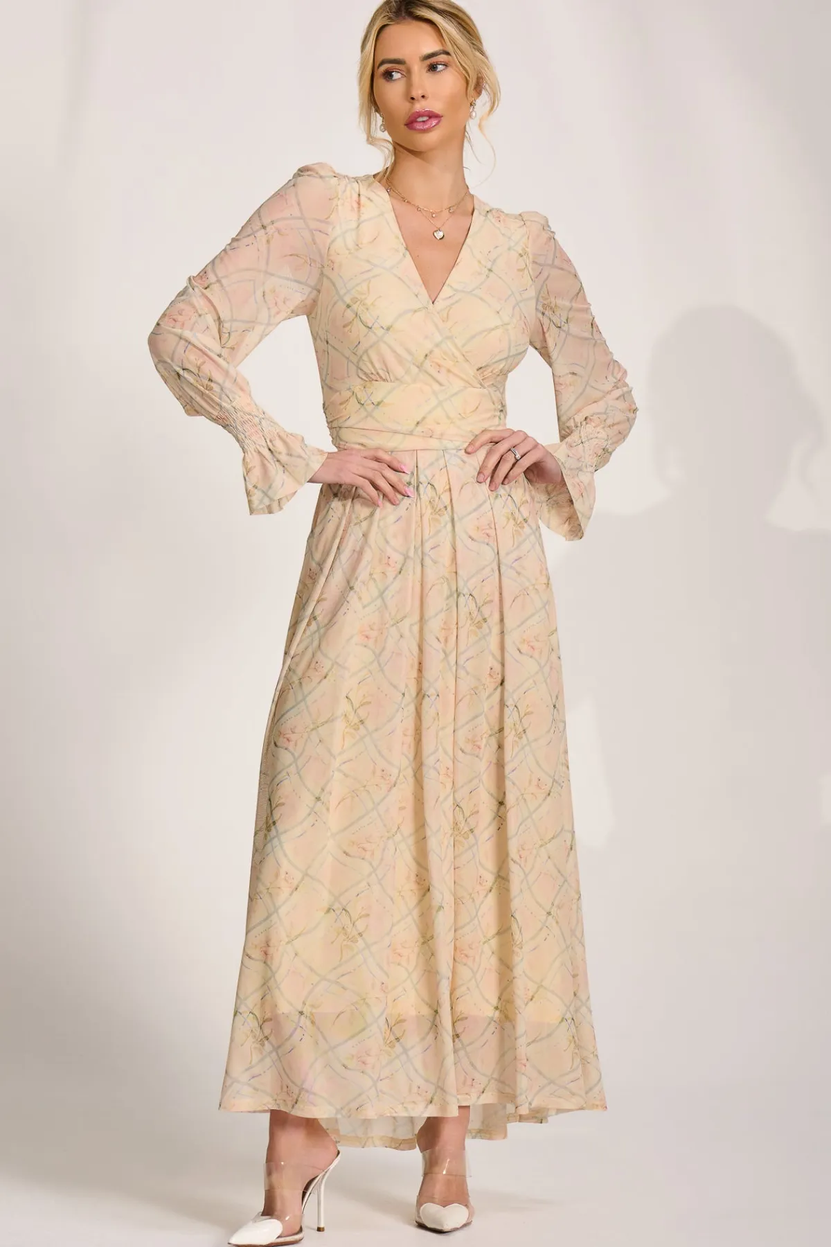 Jolie Moi Wedding Guest|Mesh Dresses-Long Sleeve V Neck Mesh Maxi Dress, Yellow Abstract