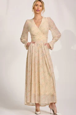 Jolie Moi Wedding Guest|Mesh Dresses-Long Sleeve V Neck Mesh Maxi Dress, Yellow Abstract