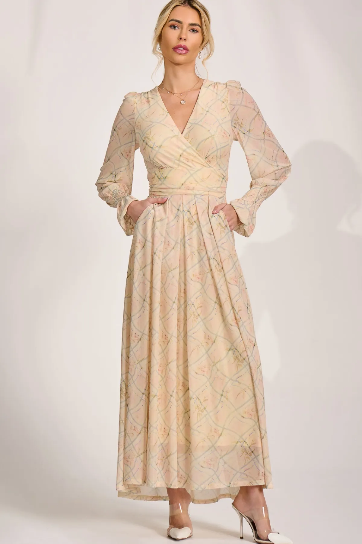 Jolie Moi Wedding Guest|Mesh Dresses-Long Sleeve V Neck Mesh Maxi Dress, Yellow Abstract