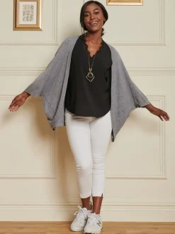 Jolie Moi Knitted Cardigan-Loose Fit Batwing Knitted Cardigan, Grey Heather
