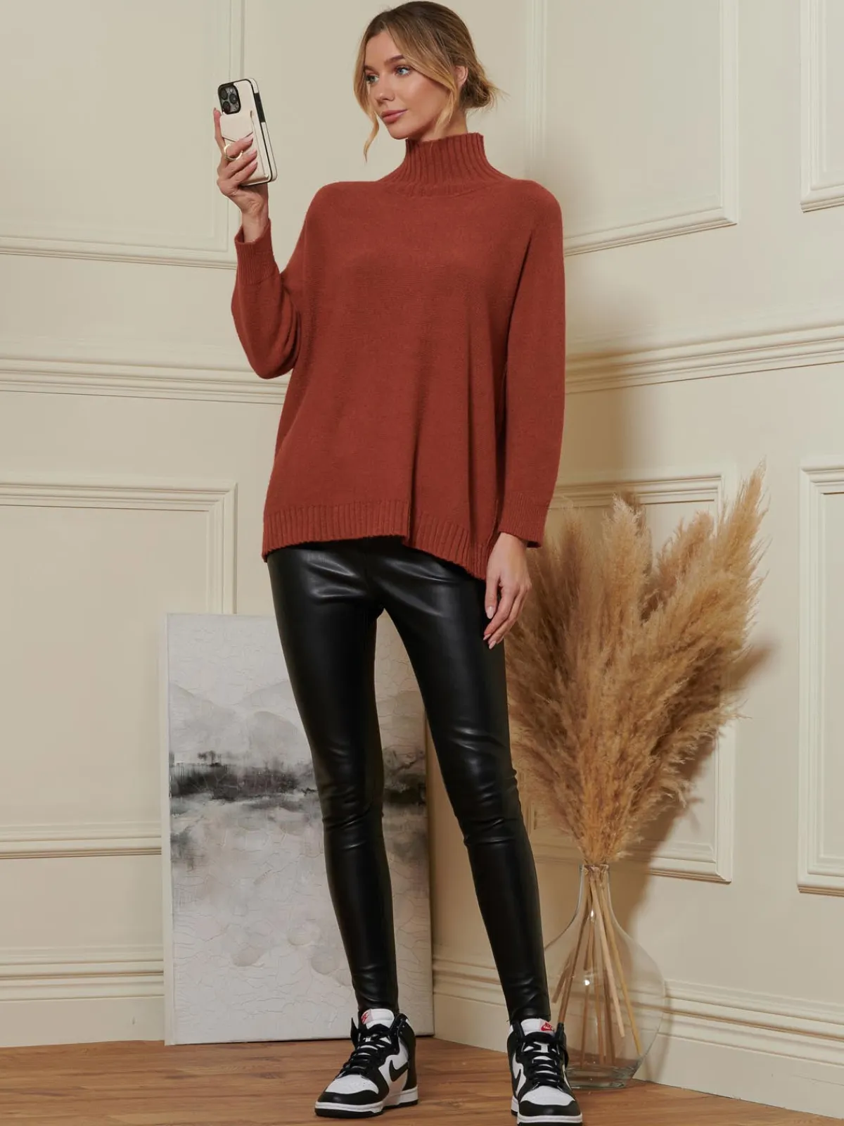 Jolie Moi Weekend Casuals|Knitted Jumpers-Loose Fit High Neck Jumper, Rusty Red