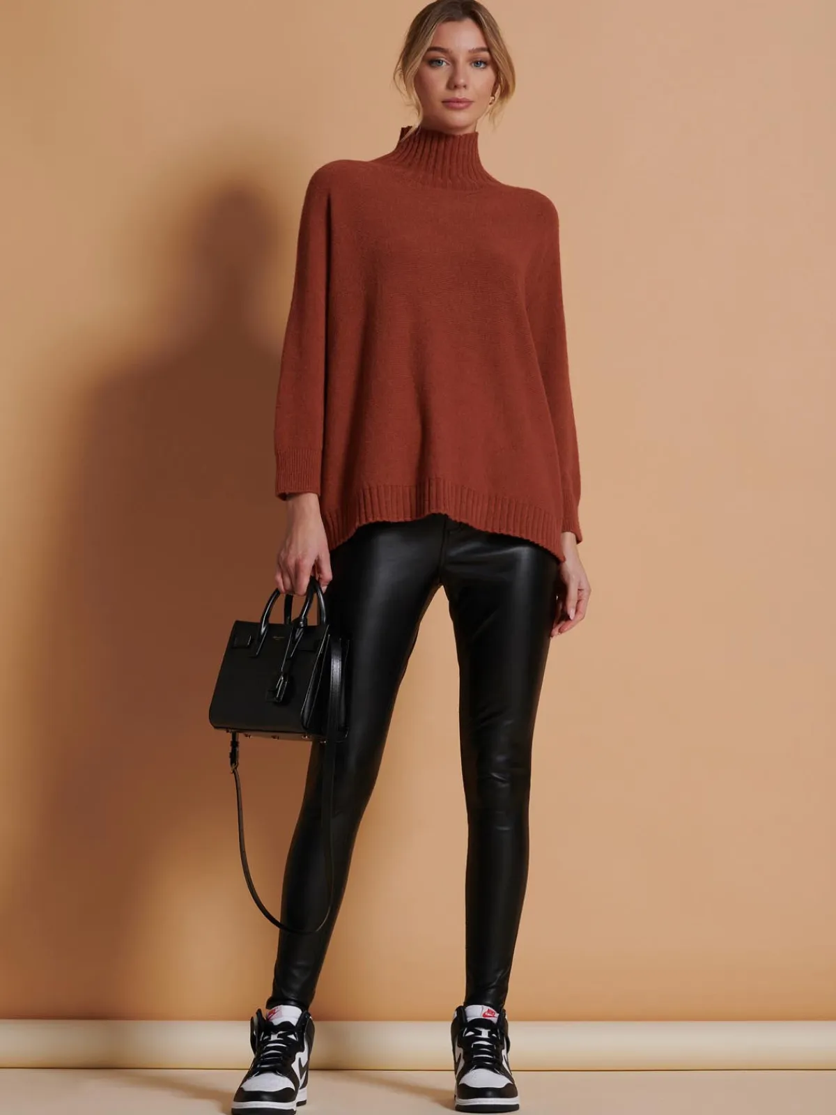 Jolie Moi Weekend Casuals|Knitted Jumpers-Loose Fit High Neck Jumper, Rusty Red