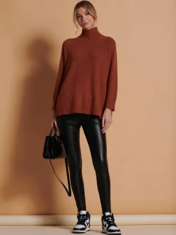 Jolie Moi Weekend Casuals|Knitted Jumpers-Loose Fit High Neck Jumper, Rusty Red