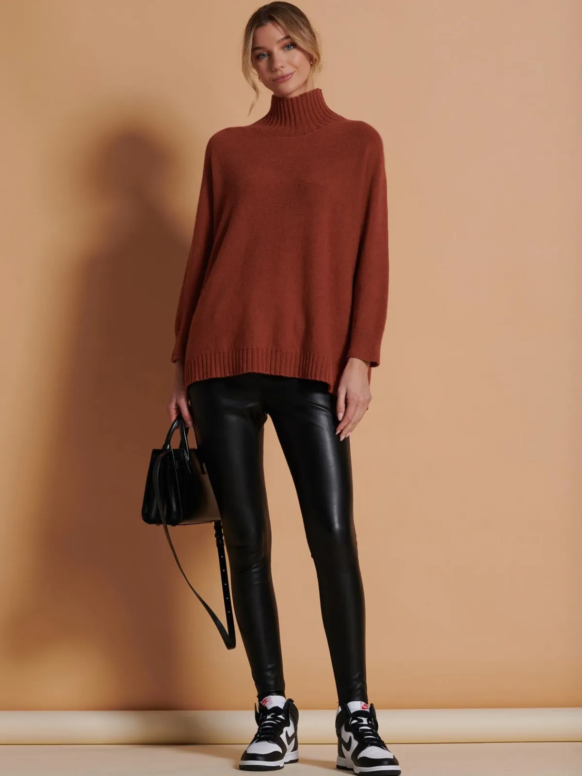 Jolie Moi Weekend Casuals|Knitted Jumpers-Loose Fit High Neck Jumper, Rusty Red