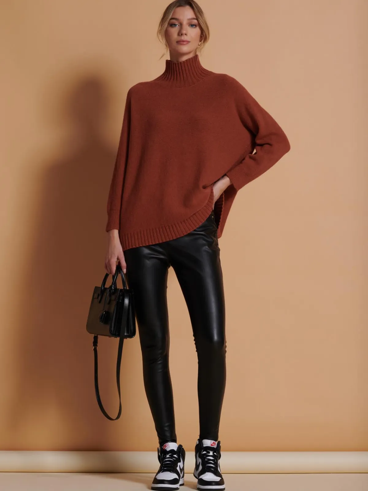 Jolie Moi Weekend Casuals|Knitted Jumpers-Loose Fit High Neck Jumper, Rusty Red