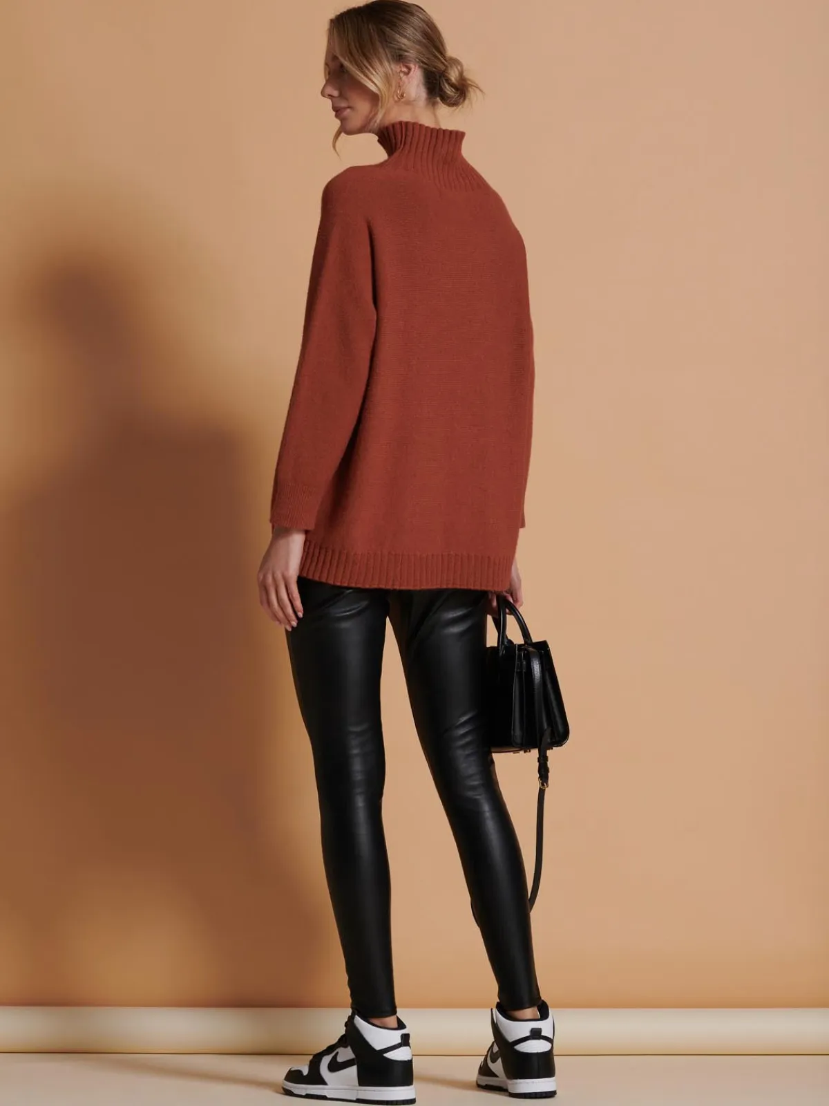 Jolie Moi Weekend Casuals|Knitted Jumpers-Loose Fit High Neck Jumper, Rusty Red