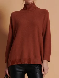Jolie Moi Weekend Casuals|Knitted Jumpers-Loose Fit High Neck Jumper, Rusty Red