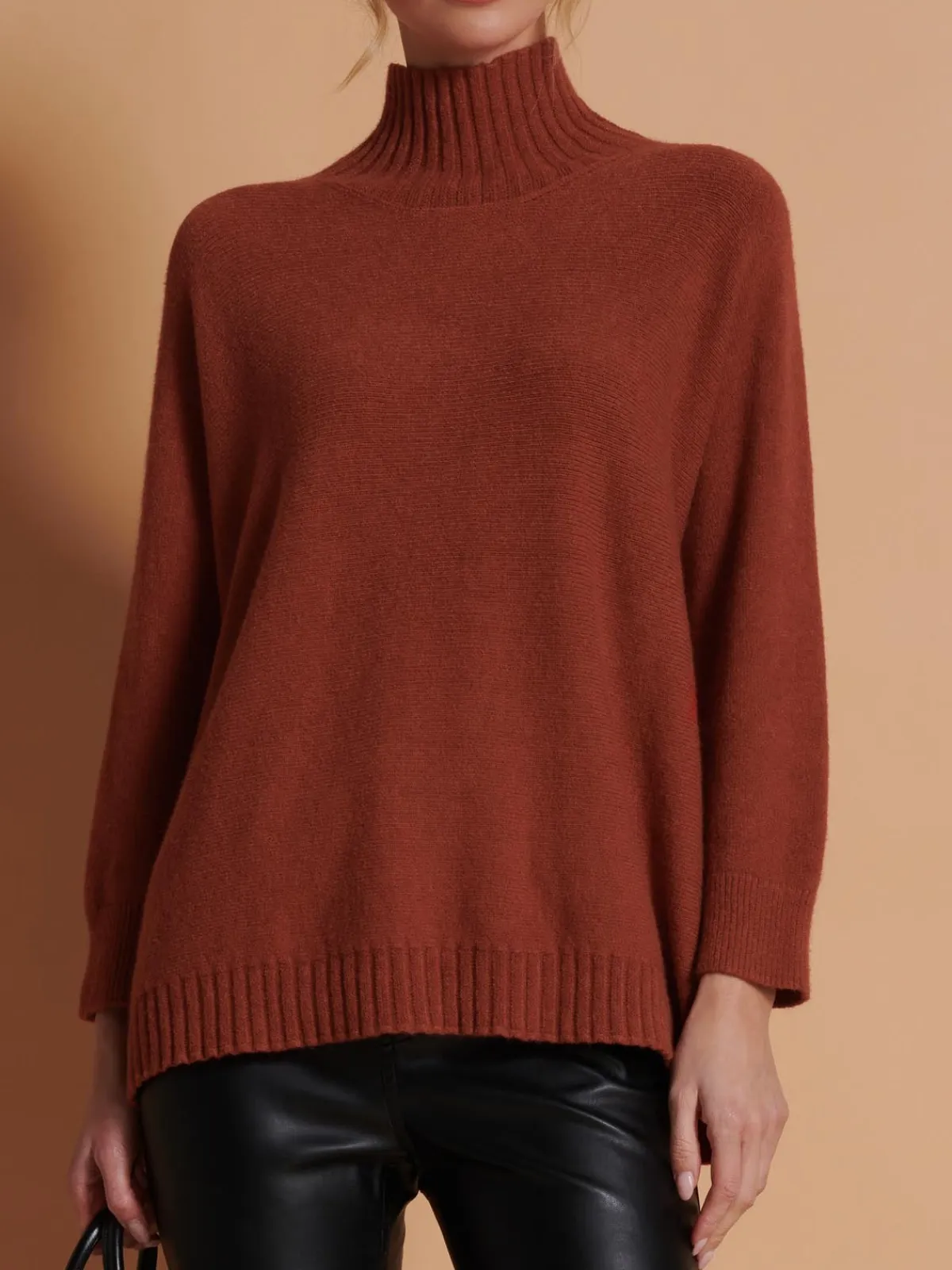 Jolie Moi Weekend Casuals|Knitted Jumpers-Loose Fit High Neck Jumper, Rusty Red