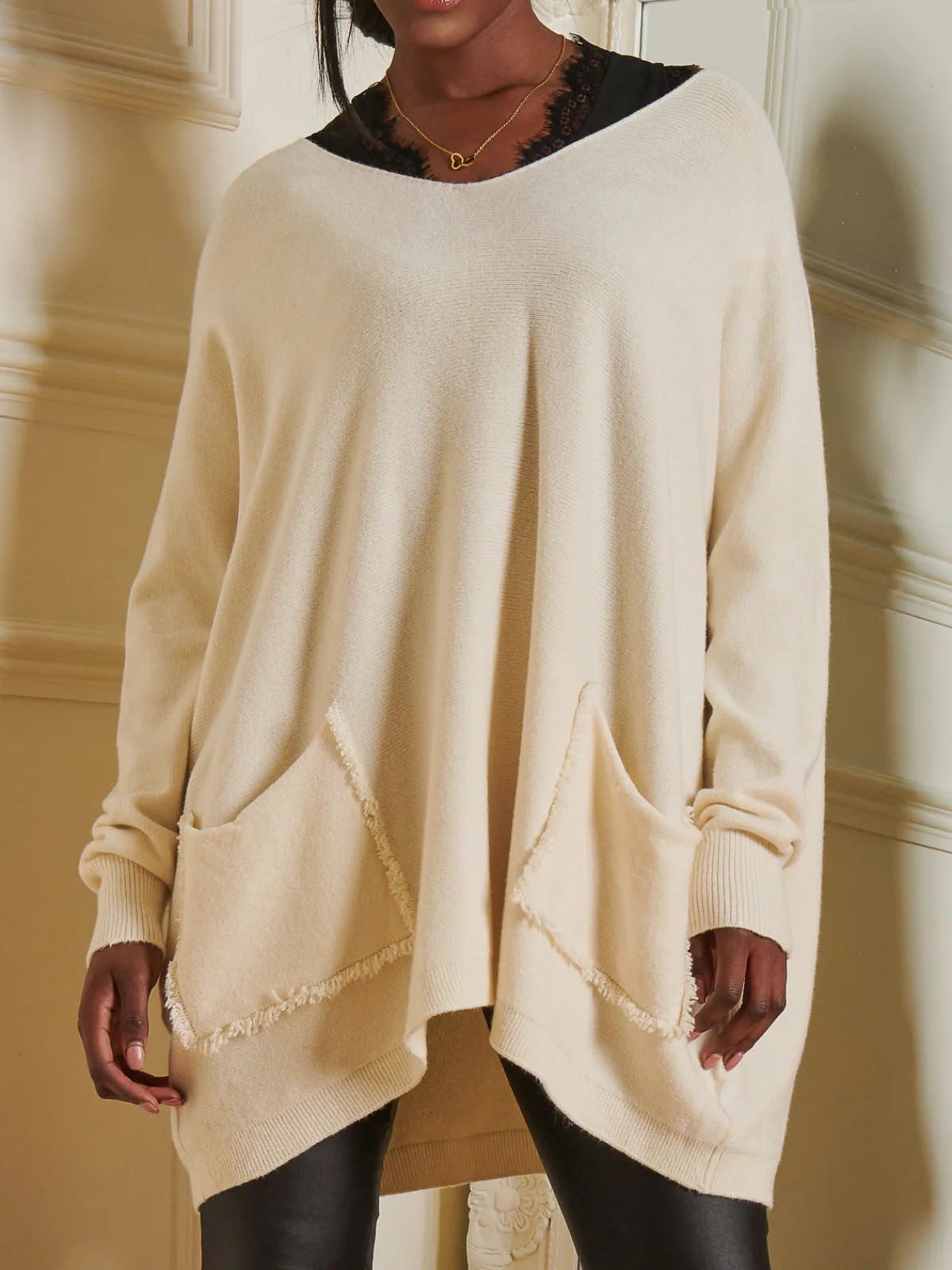 Jolie Moi Knitted Jumpers-Loose Fit Pocket Knit Jumper, Cream