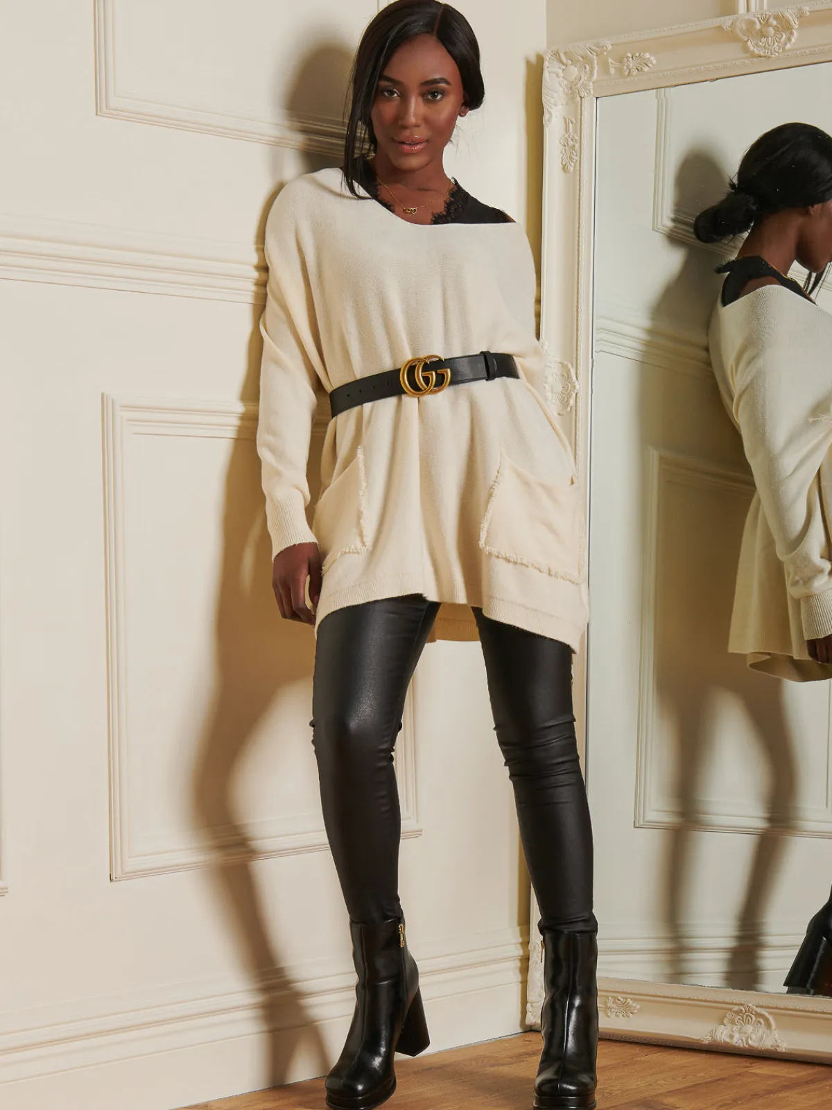 Jolie Moi Knitted Jumpers-Loose Fit Pocket Knit Jumper, Cream
