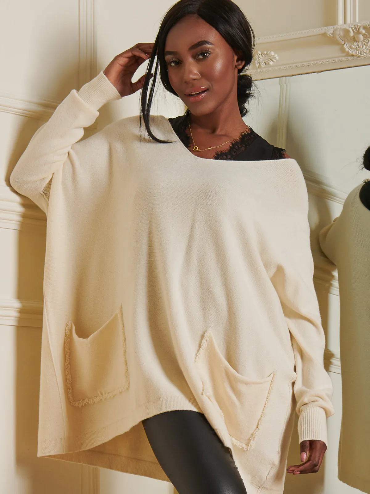 Jolie Moi Knitted Jumpers-Loose Fit Pocket Knit Jumper, Cream