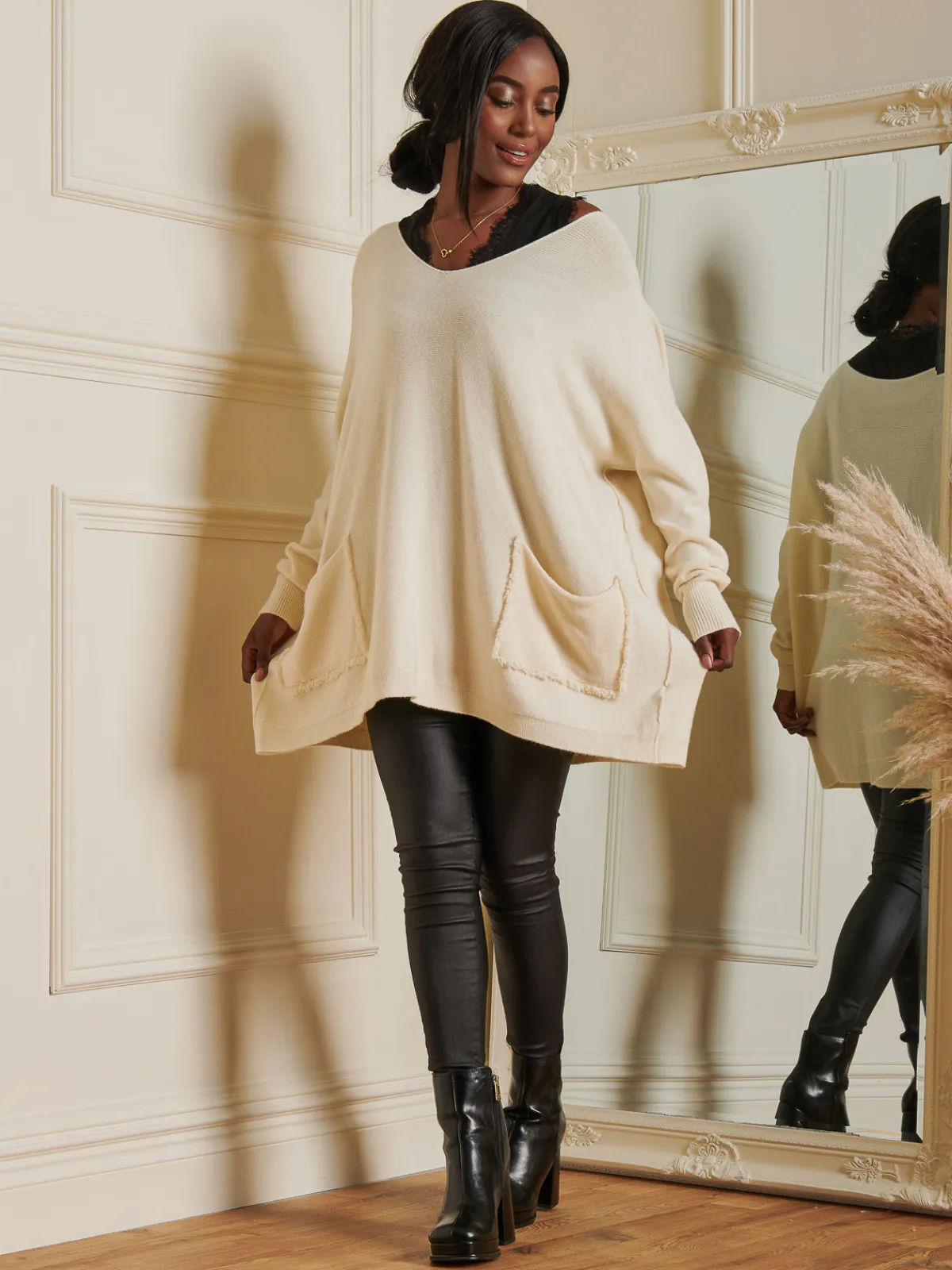 Jolie Moi Knitted Jumpers-Loose Fit Pocket Knit Jumper, Cream