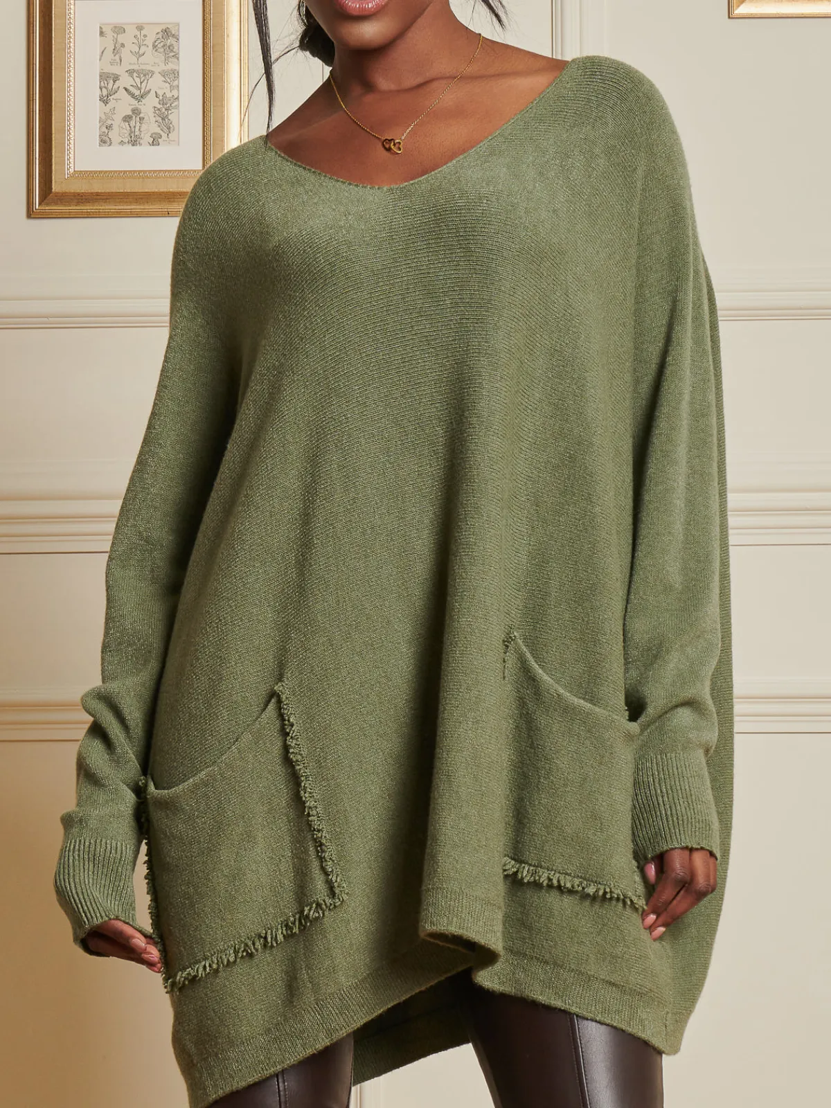 Jolie Moi Knitted Jumpers-Loose Fit Pocket Knit Jumper, Soldier Green