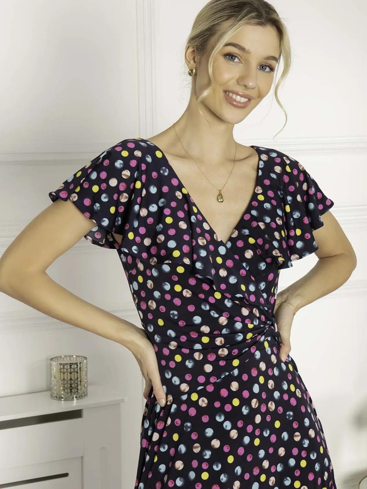 Jolie Moi Occasion Dresses|Jersey Dresses-Luciana Frilly Dipped Hem Dress, Navy Polka Dot