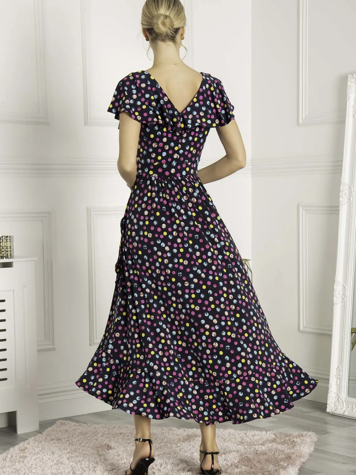 Jolie Moi Occasion Dresses|Jersey Dresses-Luciana Frilly Dipped Hem Dress, Navy Polka Dot