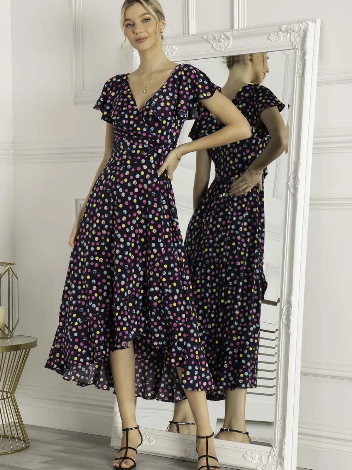 Jolie Moi Occasion Dresses|Jersey Dresses-Luciana Frilly Dipped Hem Dress, Navy Polka Dot