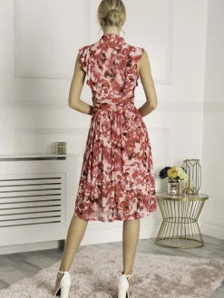 Jolie Moi Occasion Dresses|Midi Dresses-Lunna High Neck Floral Midi Dress, Red Abstract