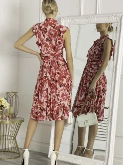 Jolie Moi Occasion Dresses|Midi Dresses-Lunna High Neck Floral Midi Dress, Red Abstract