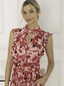 Jolie Moi Occasion Dresses|Midi Dresses-Lunna High Neck Floral Midi Dress, Red Abstract