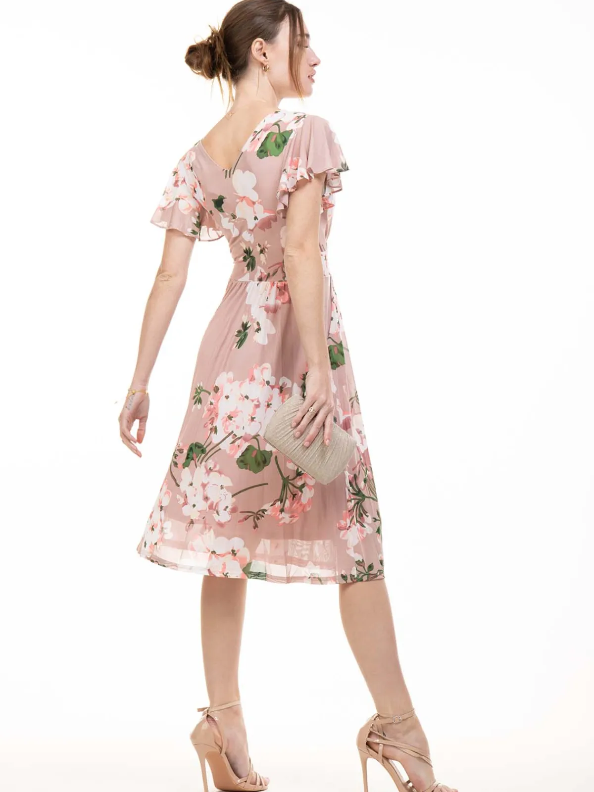 Jolie Moi Occasion Dresses|Floral Dresses-Lylah Cross Front Floral Dress, Pink Floral