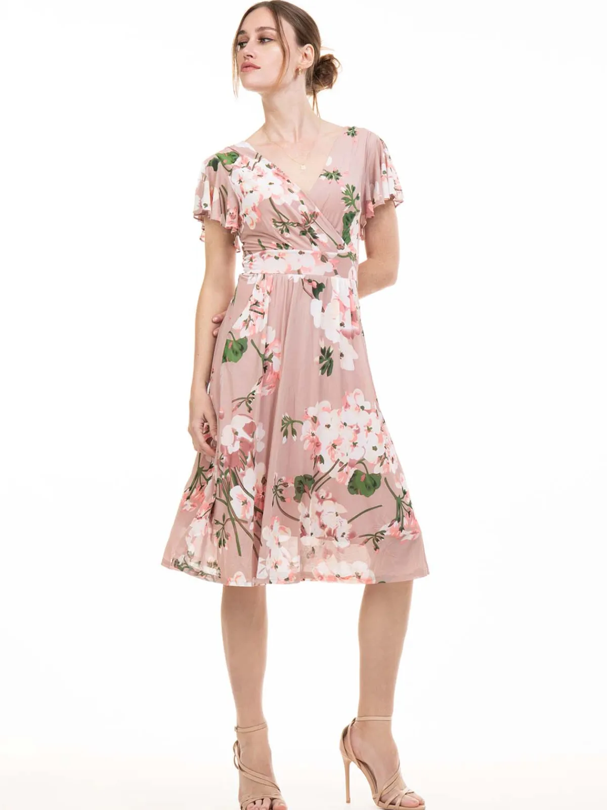Jolie Moi Occasion Dresses|Floral Dresses-Lylah Cross Front Floral Dress, Pink Floral