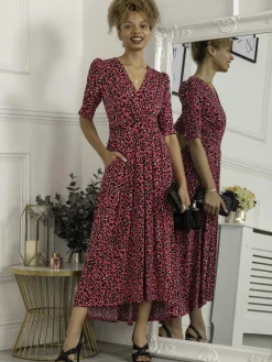Jolie Moi Jersey Dresses|Weekend Casuals-Maanasi Ruched Sleeve Jersey Maxi Dress, Pink Animal