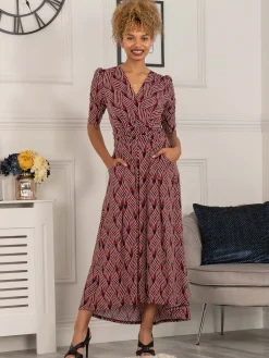 Jolie Moi Occasion Dresses|Jersey Dresses-Maanasi Ruched Sleeve Jersey Maxi Dress, Red Abstract