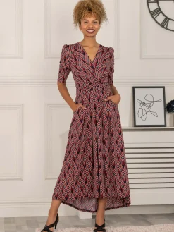 Jolie Moi Occasion Dresses|Jersey Dresses-Maanasi Ruched Sleeve Jersey Maxi Dress, Red Abstract