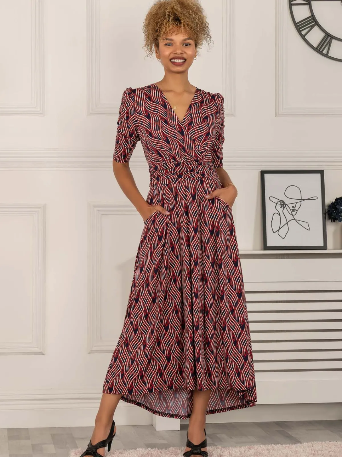 Jolie Moi Occasion Dresses|Jersey Dresses-Maanasi Ruched Sleeve Jersey Maxi Dress, Red Abstract