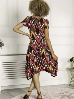 Jolie Moi Weekend Casuals|Printed Dresses-Maarja Abstract Print Bubble Hem Dress, Geo Multi
