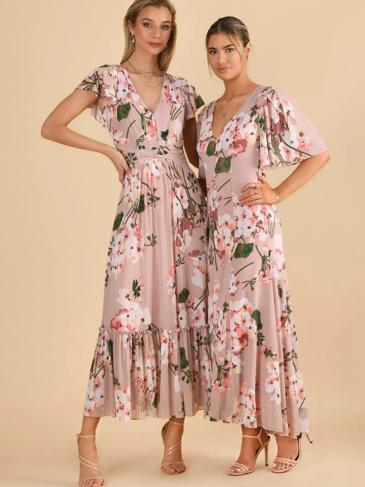 Jolie Moi Occasion Dresses|Mesh Dresses-Mabilla Floral Print Mesh Maxi Dress, Dusty Pink