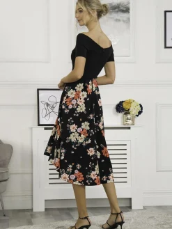 Jolie Moi Occasion Dresses|Floral Dresses-Mabry Contrast 2in1 Dress, Black Multi