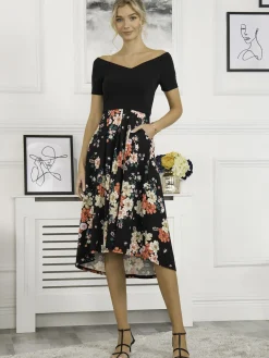 Jolie Moi Occasion Dresses|Floral Dresses-Mabry Contrast 2in1 Dress, Black Multi