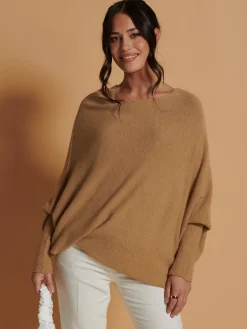 Jolie Moi Knitted Jumpers-Made in Italy Asymmetric Draped Knit Jumper, Camel