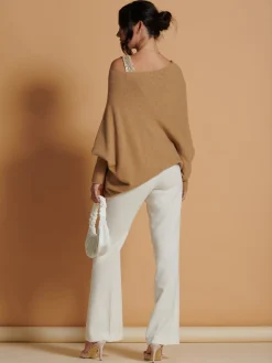 Jolie Moi Knitted Jumpers-Made in Italy Asymmetric Draped Knit Jumper, Camel
