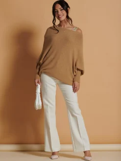 Jolie Moi Knitted Jumpers-Made in Italy Asymmetric Draped Knit Jumper, Camel