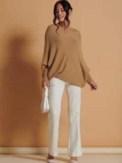 Jolie Moi Knitted Jumpers-Made in Italy Asymmetric Draped Knit Jumper, Camel